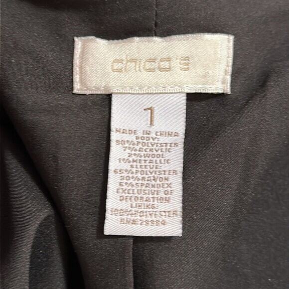 Chicos Blazer Jacket Medium Black Purple Tweed Fringe Metallic Open Textured - Picture 6 of 7